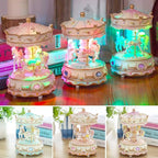 Carousel Music Box with 3 Rotating Horses, Color-Changing LED Lights, Wind-Up Clockwork 18-Note Melody, Small Resin Tabletop Decor, 5.9" Tall x 3.93" Dia (Blue)
