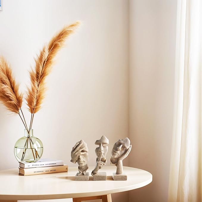 aboxoo 3 Pcs Thinker Statue, Silence is Gold, See No Evil Hear No Evil Speak No Evil Statues, Modern Resin Sculptures Decor for Living Room, Home, Office Study (Sandy)