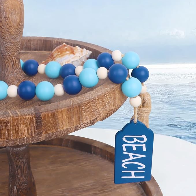 Meplait Wood Bead Garland, Coastal Tassel Garland with Beach Tag Boho Farmhouse Decor for Tiered Tray Table Centerpiece Wall Home Decoration
