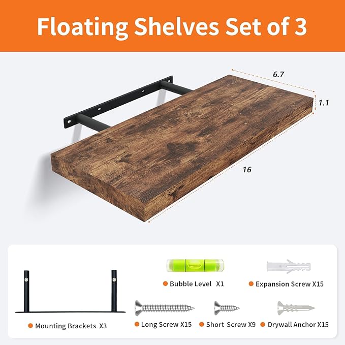 Upassion Floating Shelves for Wall Set of 3, 16" Rustic Brown Floating Shelves, Home Decor, Frame Display Wall Shelf for Bedroom, Kitchen, Bathroom, Living Room