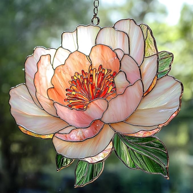 Peony November Birth Month Flower Acrylic Suncatcher, Flower Suncatchers for Window Hangings, Stained Glass Effect Garden Decor, Gift for Mother's Day, Mom, Grandma, Wife, Women