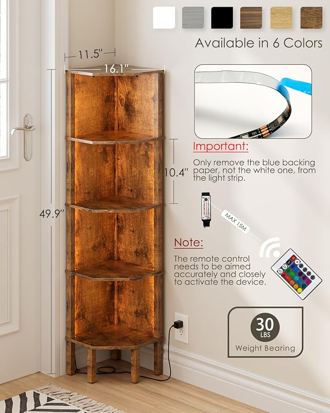 Corner Shelf Stand, 5 Tier Corner Bookshelf,Corner Furniture for Bedroom Display Corner Shelf for Small Space,Wood Shelves with Storage Rack for Living Room,Office, Rustic Brown