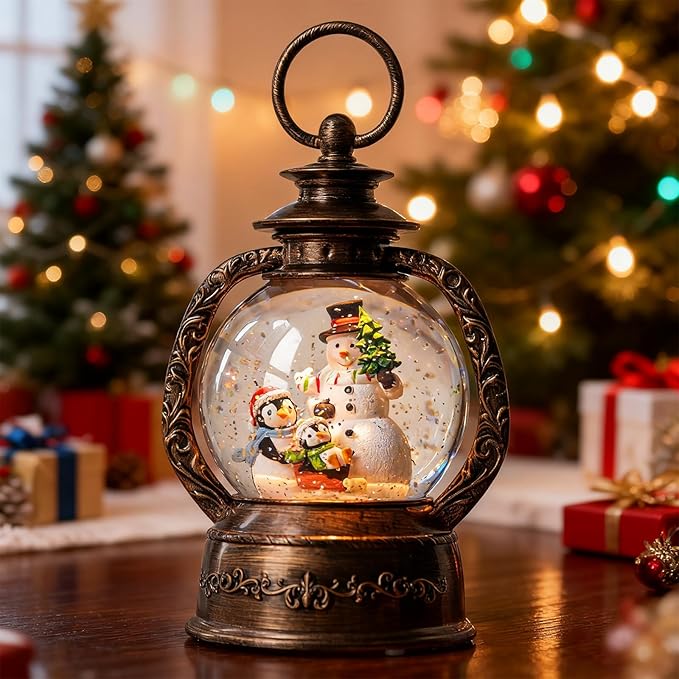 Christmas Snow Globe Lantern Water Glittering Snowman & Penguins with Music & Timer, USB Lined/Battery Operated Lighted Lantern for Christmas Festival Decoration Gifts