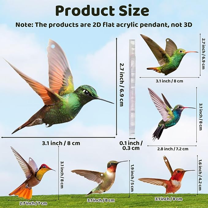 Bird Acrylic Hanging Ornament - 8Pcs Flying Birds Christmas Tree Ornaments, Xmas Tree Ceiling Pendants with Lanyard Tote Rearview Mirror Window Charms Gift for Men Women (Hummingbird 2)