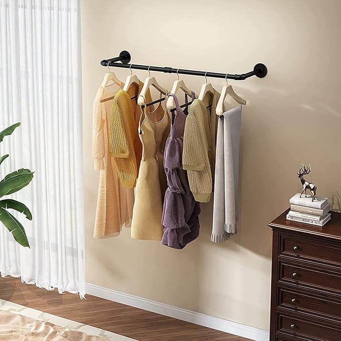 ERYTLLY RYTLLY Industrial Pipe Clothes Rack 38”,Multi-purpose Wall Mounted Iron Garment Rod,Heavy Duty Detachable Hanging Clothes Rack for Closet Rod,Black