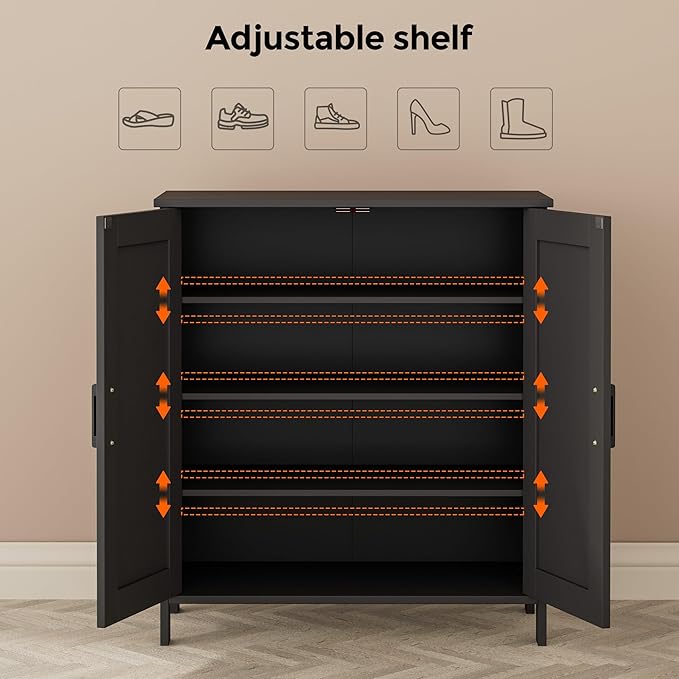 Farmhouse Shoe Cabinet with 2 Barn Doors & Wood Legs, 5-Tier Shoe Storage Cabinet with 3 Adjustable Shelves, Tall Shoe Rack Organizer for Closet, Shoe Organizer for Entryway, Hallway, Black