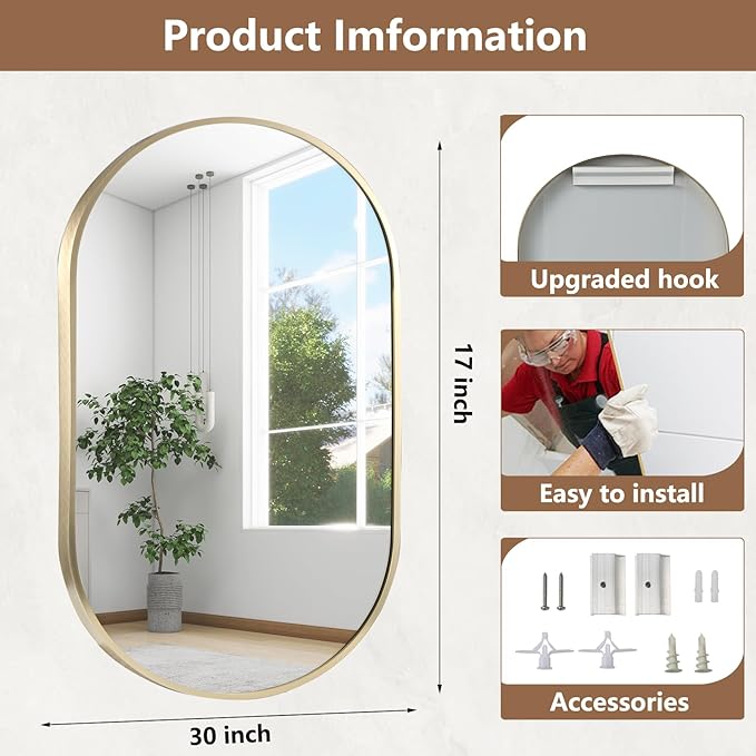 Gold Oval Mirror, 17"x30" Oval Bathroom Mirror, Vanity Mirror with Brushed Metal Frame, Wall Mount Mirrors Decor for Bathroom, Bedroom, Entryway, Living Room(Hangs Horizontally or Vertically)