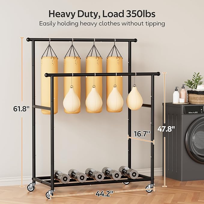 MISSLO Double Rods Garment Rack Heavy Duty Clothing Rack for Hanging Clothes Portable Clothes Organizer for Bedroom, Living Room, Clothing Store (Black with wheels)