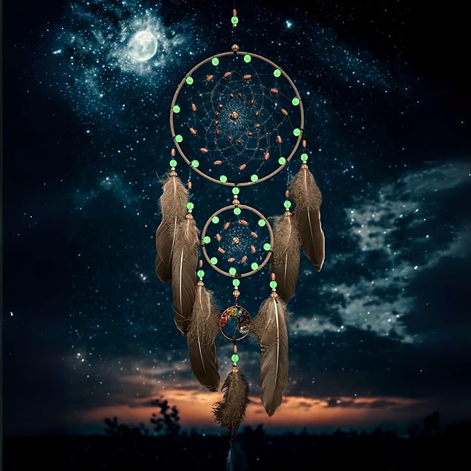 Dream Catchers for Adults with Luminous Beads Dream Catcher with 7 Chakra Handmade Wall Decor with Native Feather Hanging Ornament for Bedroom Brown