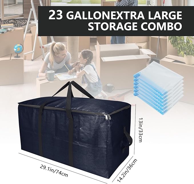 Extra Large Storage Bags Set Heavy Duty Moving Totes with Handles, Waterproof Dual-Durable Storage Totes For Space-Saving Moves, (Dark Blue, 12 Park-2 Moving bag & 10 Vacuum Seal Bags)