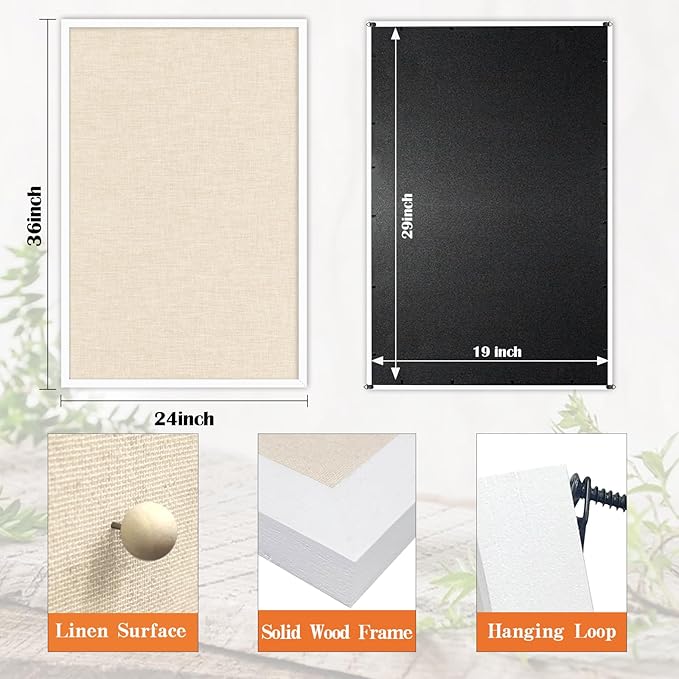 36''x24'' Inch Linen Cork Bulletin Board with Frame, Decorative Pin Board for Office Home and School Wall Decor