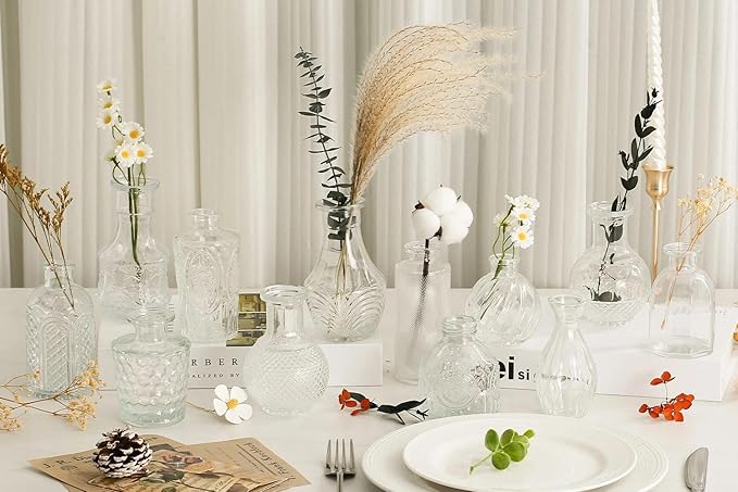 Mini Bud Vases Centerpieces for Tables,Clear Bud Vases for Flowers,Small Flower Vases Suitable for Birthday Party,Anniversary,Wedding Reception,Baby Shower (Clear, 12PCS)