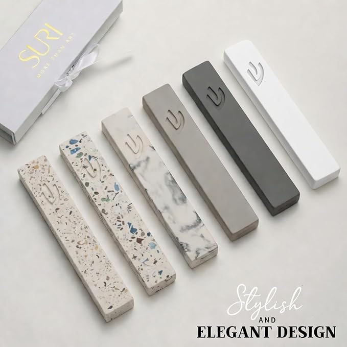 SURI Mezuzah for Door – 6 Inch White Concrete Mezuzah Case with Printed Scroll, Self-Stick Jewish Entry Design, Fits a 5 Inch Scroll, Gift Box Included
