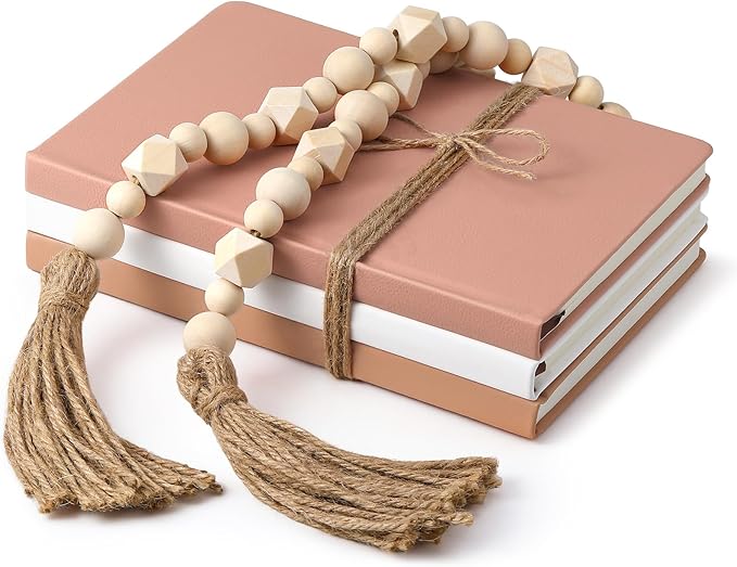 Feifeiya 3 Pieces Faux Decorative Books Set for Home Decor Fake Book for Shelves Coffee Table Stacked Linen Covered Display Notebook with Wood Bead Bookend Gift for Living Room(Neutral Pink)