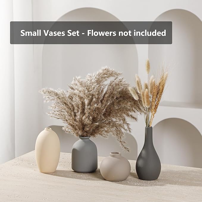 Ceramic Vase Set of 4 Small Vases Home Decor Modern Rustic Farmhouse Pottery Decorative Flower Vases for Pampas Grass Dried Fresh Flowers, Living Room, Bedroom, Table Centerpiece, Mantel, Shelf