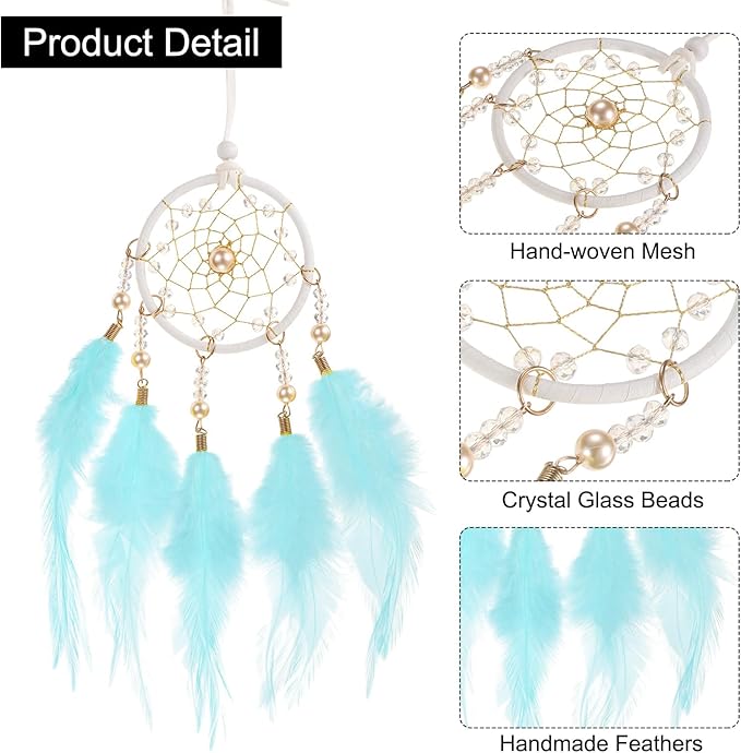 uxcell 2pcs Dream Catchers, Small Handmade Feather Dreamcatcher Supplies Car Charm with Crystal Beads Wall Hanging Decor for Home Car Decoration Ornament Women Friend Gift, Light Blue