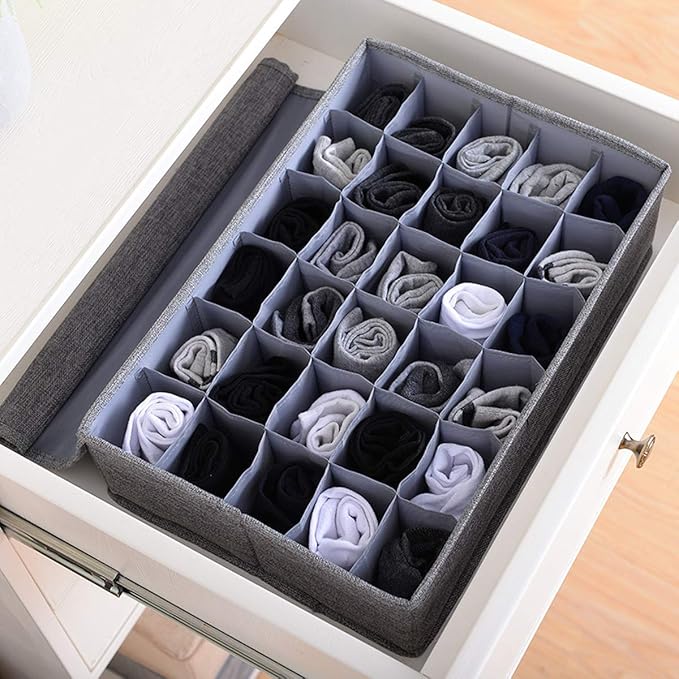 AARAINBOW Underwear Socks Ties Storage Organizer with Lids Foldable Closet Drawer Organizer 30 Cells, Fabric Wardrobe Divider Storage Box for Scarves and Lingerie (30 Cell, Gray)