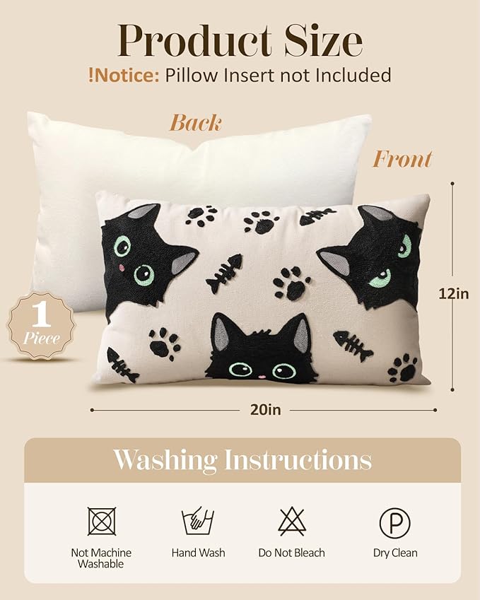 Embroidered Lumbar Pillow Cover 20x12 Inch - Spring Summer Boho Decorative Pillow Cover with Zipper for Living Room Couch Sofa Bed Aesthetic Design Cat Bone Cushion Pillowcase