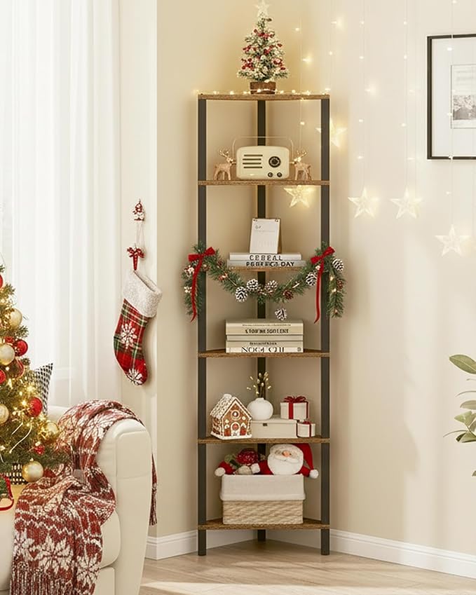 TUTOTAK Corner Shelf, 6-Tier Corner Bookshelf for Small Space, Narrow Display Corner Shelf Stand with Storage Rack, for Living Room, Bedroom, Rustic Brown BS05BB006
