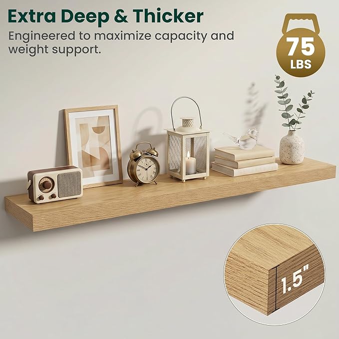 Floating Shelves for Wall 55 in x 9.3 in Deep, Wall Mounted Rustic Wood Shelf with Invisible Brackets for Storage & Display, Living Room Bedroom Bathroom, Oak, 1 Pack