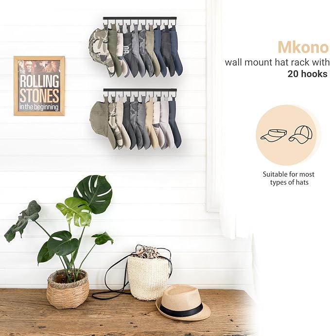 Mkono Hat Rack Wall Mount Set of 2 Hat Storage Organizer for 20 Baseball Caps, Modern Metal Closet Hat Hooks for Wall, Ball Caps Holder Organizer for Bedroom Entryroom Closet Organization, Black