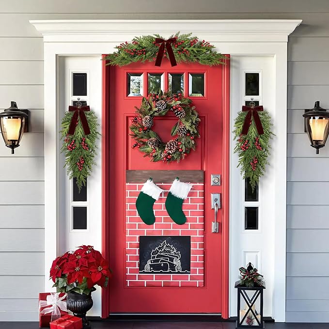 60cm Artificial Christmas Norfolk Pine Cedar Swags with Velvet Bow Greenery Decoration for Mantel Window Mirror Picture Frame Mailbox Holiday Indoor Outdoor Home Decor (Red Berry, 60cm/23.6'')