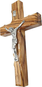 Zuluf 6.3" Olive Wood Catholic Cross with Silver Plated Crucifix Christian Gift from Holy Land Bethlehem CRS065