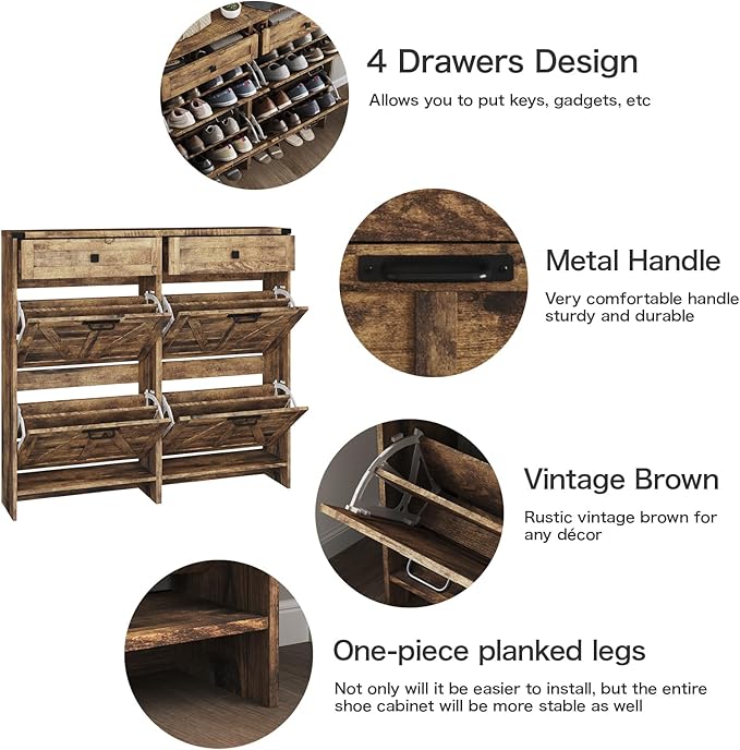 Shoe Cabinet with 4 Flip Drawers & 2 Drawers,Farmhouse Shoe Storage Cabinet for Entryway,Slim Freestanding Organizer Rack for Front Door Entrance,Rustic Brown