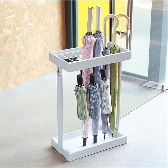 Metal Commercial Umbrella Stand Umbrella Holder, Corridor Entrance Umbrella Drain Rack for Storing 16 Umbrellas, with Mobile Drip Tray and 4 Hooks (Color : White)
