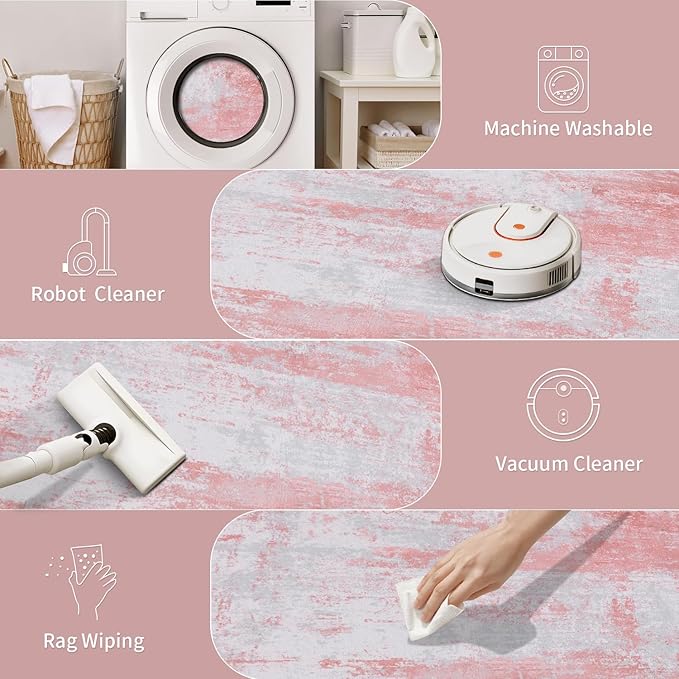 Ciicool Modern Abstract Rug for Living Room, 5x7 Machine Washable Area Rug Non-Slip Rug, Low-Pile Contemporary Indoor Dining Floor Carpet for Bedroom Office Under Table Home Decor Pink Grey