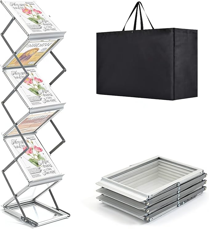 6 Pockets Aluminum Foldable Magazine Rack Floor, Brochure Magazine Display Stand, Brochure Holder, Literature Rack with Carrying Bag for Trade Shows, Exhibition, Office, Retail Store