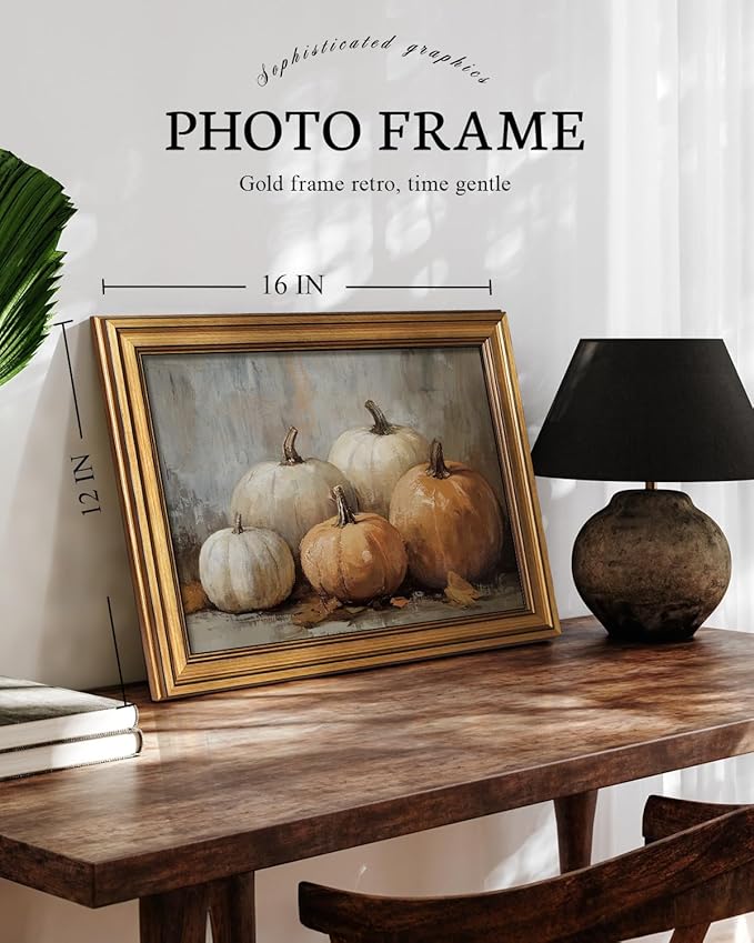 VIYYIEA Vintage Gold Framed Wall Art for Living Room, Pumpkins Canvas Prints Home Decor, Oil Painting Picture, Bedroom Wall Decor Gifts for Friends or Family -【Five Pumpkins 】-(16L x 12W)
