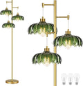 QIYIZM Glass Floor Lamp for Living Room,Bedroom,Mid Century Modern Standing Lamp Brass Tree 3 Light Tall Floor Lamps Vintage Retro Floor Lights Gold Green Flower Lamp Shade Farmhouse Boho Bohemian