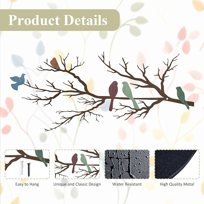 ESTART Metal Birds Wall Art, Metal Vivid Birds on Branch Silhouette Wall Decor Leaves with Bird Outdoor Hanging Wall Sculpture for Home Living room Bedroom Balcony Garden (Colorful, Small)