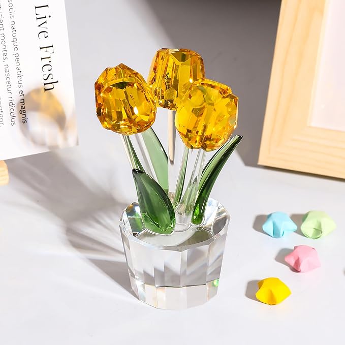Movdyka Tulips Glass Flowers Figurines Crystal Decor Collectible Crystal Yellow Flowers Bouquet Ornaments Tulip for Women on Anniversary Wedding Christmas Valentines