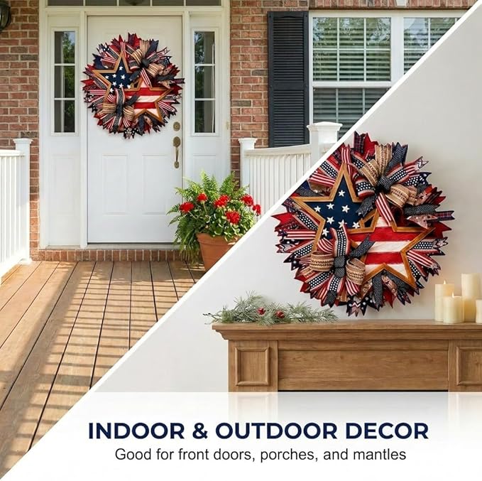 Patriotic Wreaths for Front Door, 250 Anniversary Wreath 4th of Red White and Blue Wreath, Memorial Day Flag Wreaths for Indoor Outdoor Porch Decory Holiday Decorative (#B)