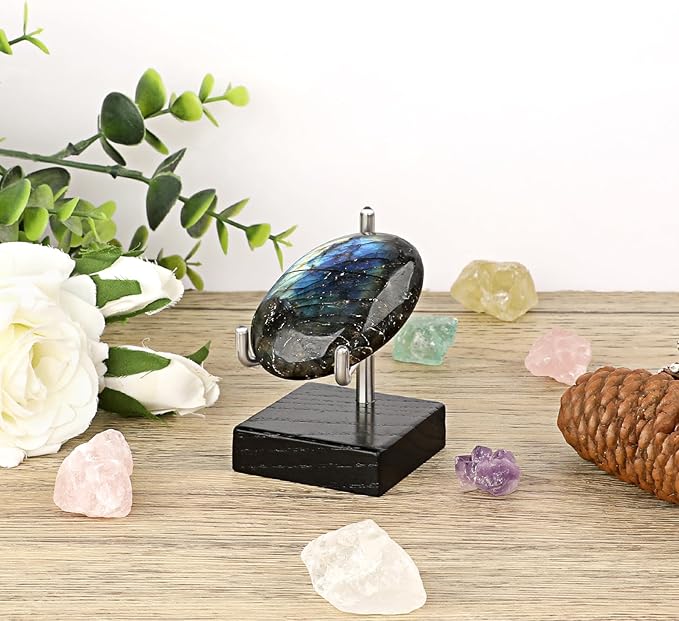 Hipiwe Adjustable Stainless Steel Arms Display Stand Wooden Base Rock Display Small Display Easel Holder for Displaying Fossil Coral Geodes Rock Mineral Agate Plate Seashell and Photos, 2"x2"x3.1"