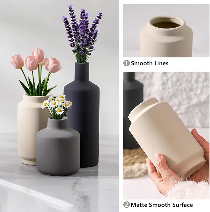 Textured Ceramic Vase Set of 3, Neutral Modern Farmhouse Decor for Pampas Grass Dried Flowers, Neutral Beige & Gray Pottery Vases for Living Room, Mantel, Shelf, Bedroom, Bathroom