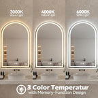 Sweetcrispy 28“x 36” LED Bathroom Backlit Mirror with Lights, Arched Vanity Mirror with Anti-Fog, Dimmable, 3-Color Light, Memory Function, Tempered Glass