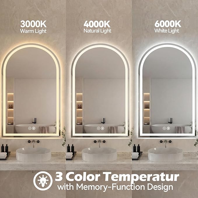 Sweetcrispy 28“x 36” LED Bathroom Backlit Mirror with Lights, Arched Vanity Mirror with Anti-Fog, Dimmable, 3-Color Light, Memory Function, Tempered Glass