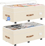 Budding Joy Under Bed Storage with Wheels 2Pack, 80L Height Adjustable Underbed Containers with Clear Lids, Rolling Under Bed Shoe Storage Organizer for Dorm Home Clothes, Blankets, Toys, Beige
