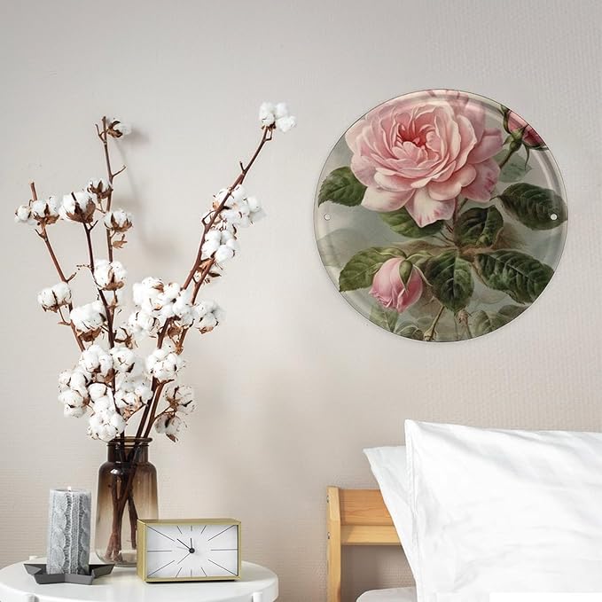 Wall Picture, with Vintage Beautiful Rose Printed Circular Iron Hanging Picture,Wall Art Decor,Home for Bedroom Living Room Bathroom Decor,Iron Painting 11.8X11.8 in