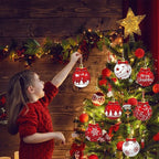 12Pcs Red and White Christmas Ball Design Hanging Wooden Ornaments Set - Festive Winter Holiday Tree Decorations with Merry Christmas Snowflakes, Reindeer, Santa Designs