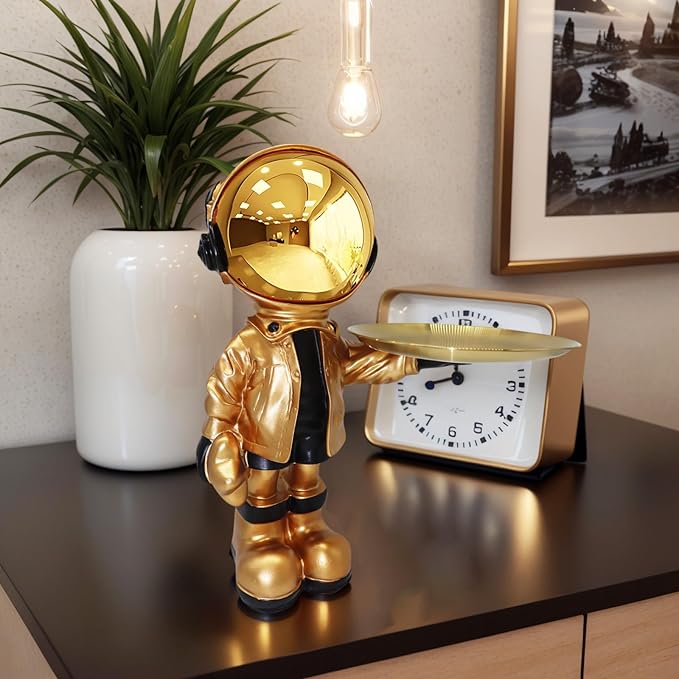 Dosker Astronaut Statues with Candy Dish & Key Dish,Spaceman Sculpture Polyresin Arts Gifts,Figurine Ornament Room Decor for Men,Tabletop Decoration for Living Room, Office, Entryway(Golden)