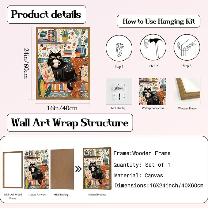 Framed Funny Black Cat Canvas Wall Art, Cute Cat Drinking Coffee on Sofa Pictures Wall Decor, Eclectic Animal Paintings Prints Boho Home Decor for Living Room Cafe Kitchen Bar 16x24 inch