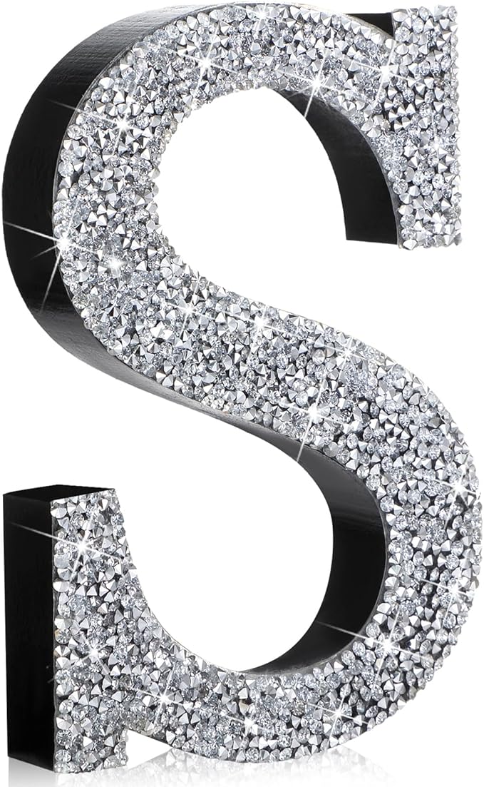 Qunclay 5.7" Silver Crystal Diamond Bling Letters Crushed Diamond Decoration Wooden Glitter Letter with Screw and Hooks Rhinestone Gift for Wedding Y2k Mcbling Bedroom Wall Decor (Letter S)