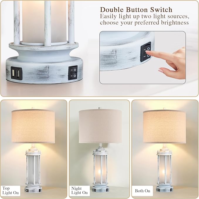 AIEAMPDO 25" Rustic Table Lamps Set of 2, Vintage Nightstand Lamps with 2 USB Ports, Farmhouse Antique White Desk Lamp with Glass Night Light for Living Room Bedroom Dorms, 4 Bulbs Included