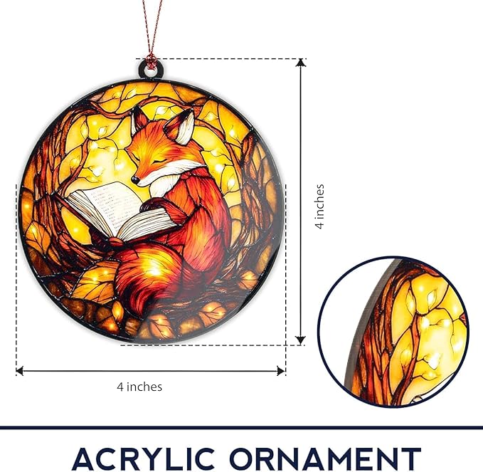 Fox Ornament, Book Lover Gifts for Women, Book Ornament, Christmas Ornaments 2026, Cozy Reading Animal Decor, Literary Gift Idea, Autumn Light Acrylic Suncatcher Ornaments, Unique