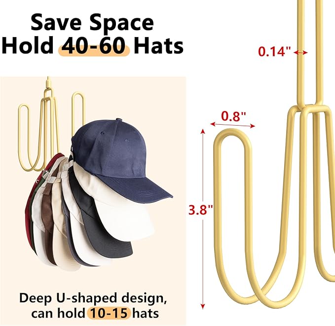 Hat Hangers for Closet, Stainless Steel Hat Organizer, Hat Racks for Baseball Caps, Cap Organizer for Baseball Caps, Gold, 1Pack