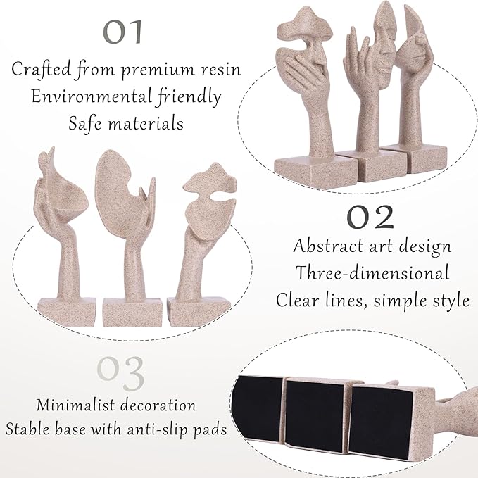 olirum 3 Pcs Thinker Large Statue Set - Resin Sandstone Art Abstract Home Accent Figurines for Living Room, Bedroom, Shelves, Office Desktop, Coffee Table Decor, Gift for Women (3 Pcs Sandstone, 9")